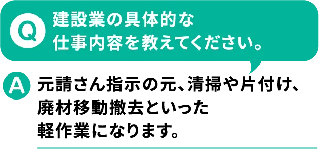 Q.建設業の具体的な仕事内容を教えてください。A.元請さん指示の元、清掃や片付け、廃材移動撤去といった軽作業になります。【寮付きお仕事紹介 はたらけるん】
