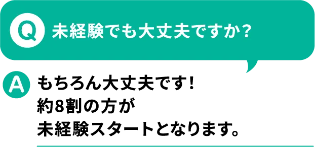 Q.未経験でも大丈夫ですか？A.もちろん大丈夫です!約8割の方が未経験スタートとなります。【寮付きお仕事紹介 はたらけるん】